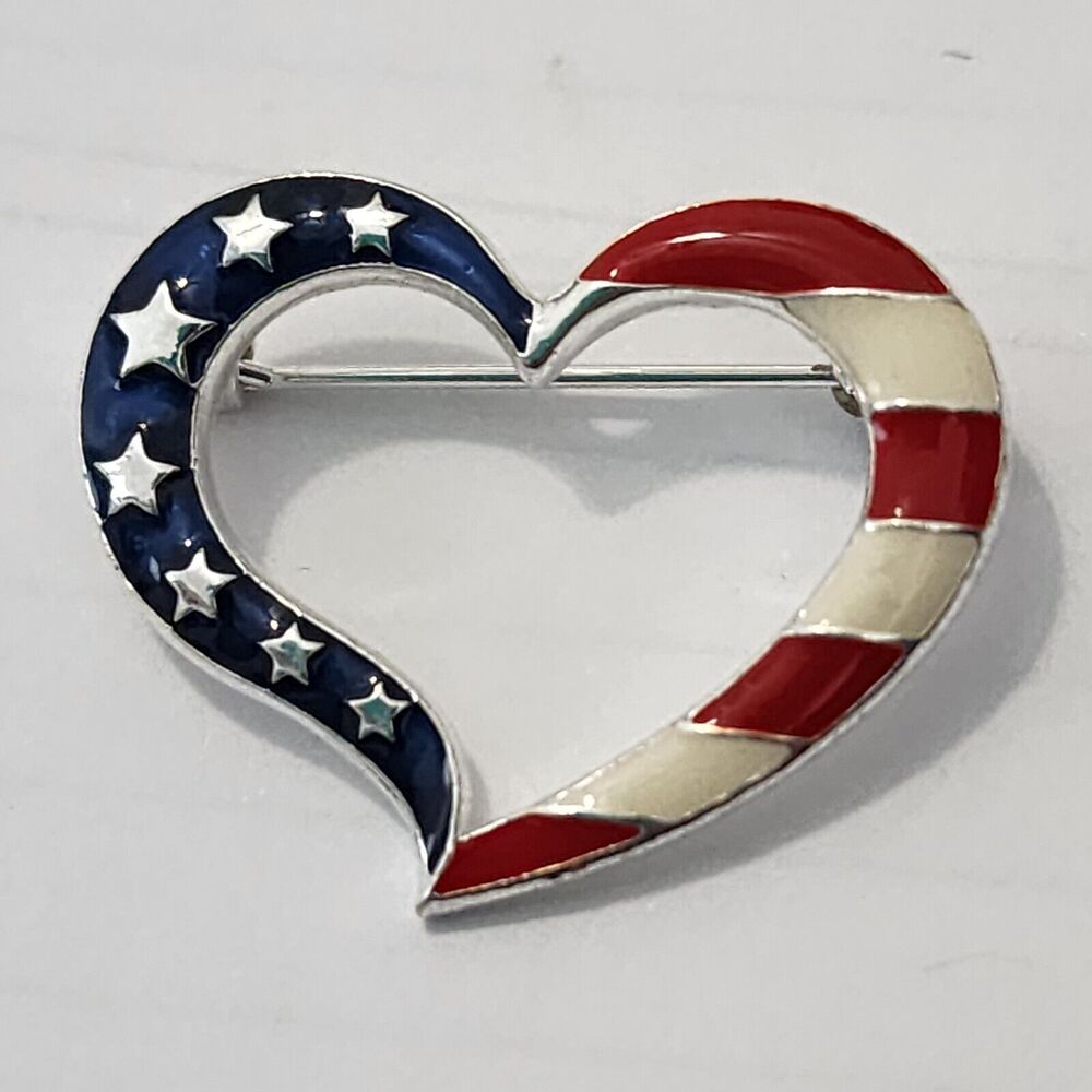 Vintage 2001 NRT Patriotic Open Heart Flag July 4th Enamel Lapel Pin Brooch